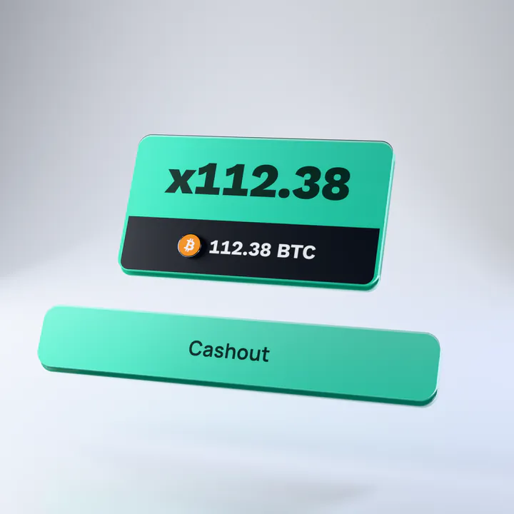 A win card showing x112.38 and 112.38 BTC, above the Cashout button